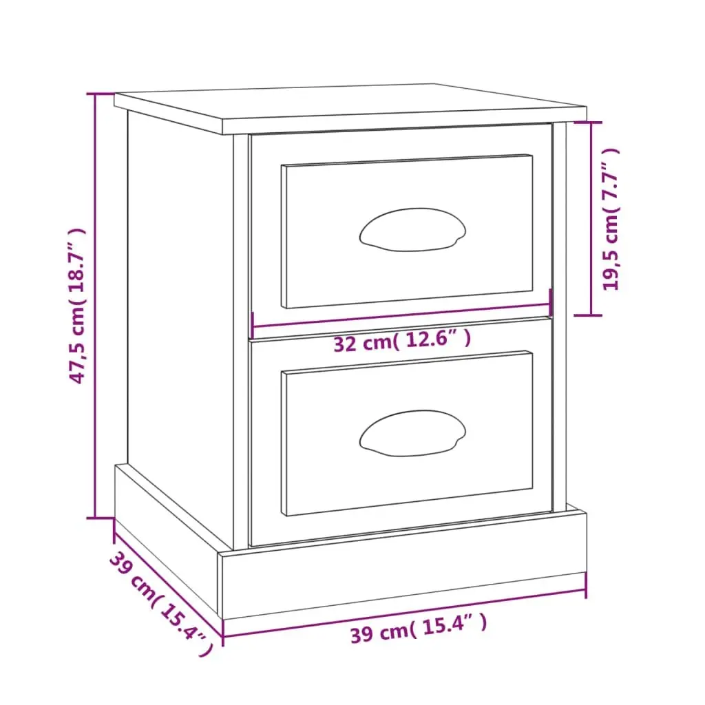 Bedside Cabinet Black 39x39x47.5cm with 2 Drawers Engineered Wood Nightstand