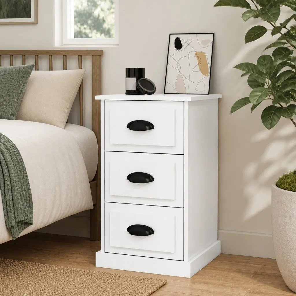 Bedside Cabinet White High Gloss 3 Drawer Nightstand Storage Table