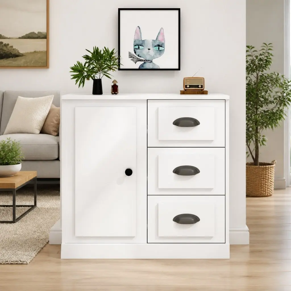 Sideboard Storage Cabinet Engineered Wood High Gloss White Living Room 70 x 35.5 x 67.5 cm