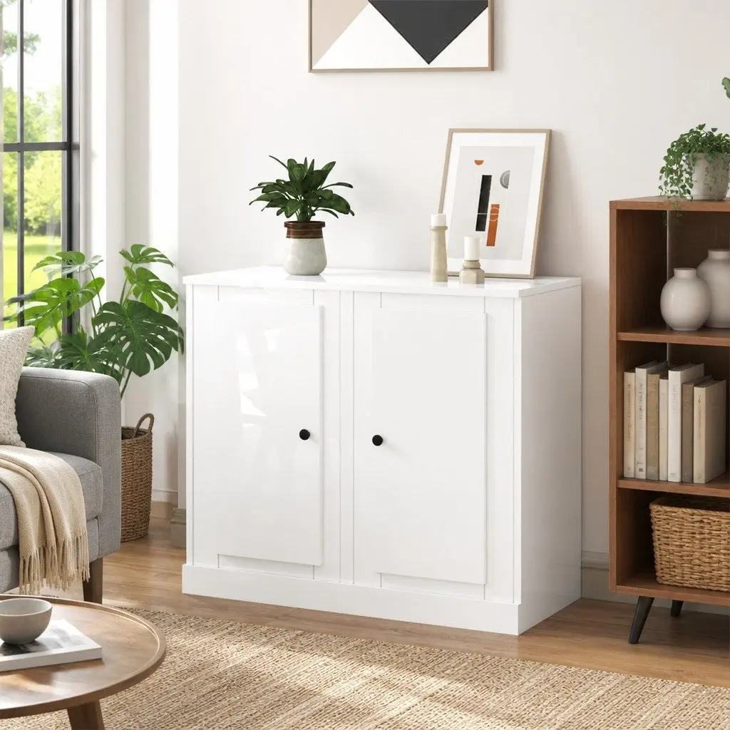 Sideboards Storage Cabinet 2 pcs High Gloss White Engineered Wood