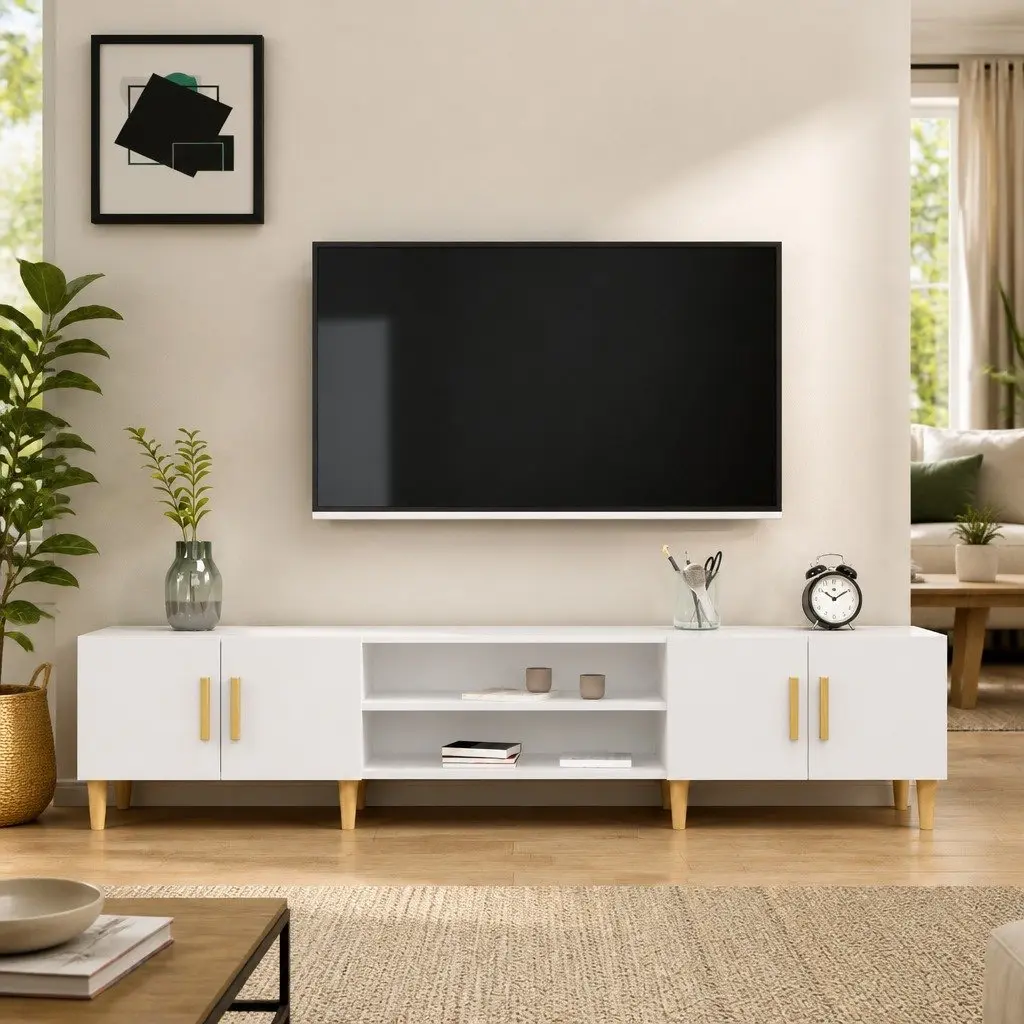 TV Cabinet White 180x31.5x40 cm Engineered Wood Storage 4 Compartments 4 Doors