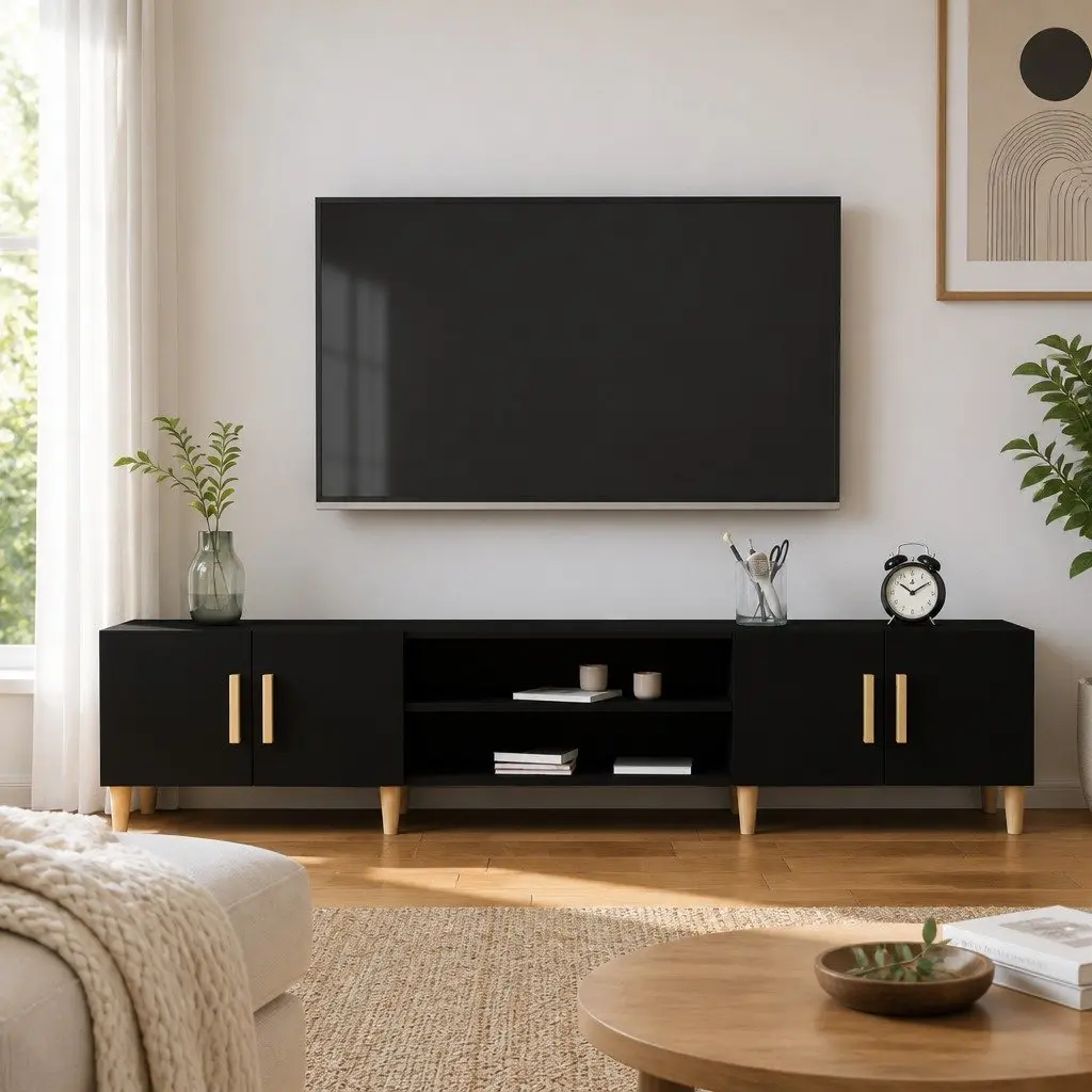 TV Cabinet Black 180cm Media Unit with 4 Compartments 4 Doors Storage Furniture