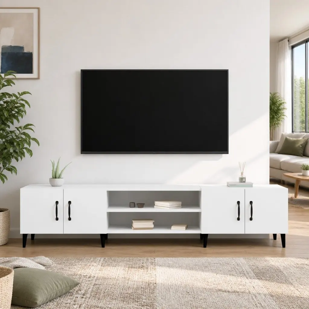 TV Cabinet Storage Unit 4 Door 4 Compartment Engineered Wood White
