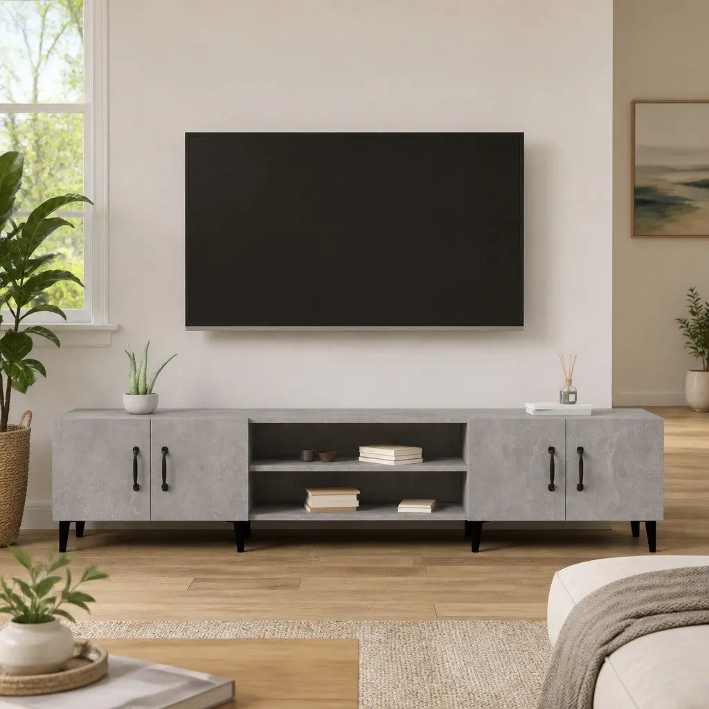 TV Cabinet Storage Unit Grey Engineered Wood 4 Door 4 Compartment Display Stand