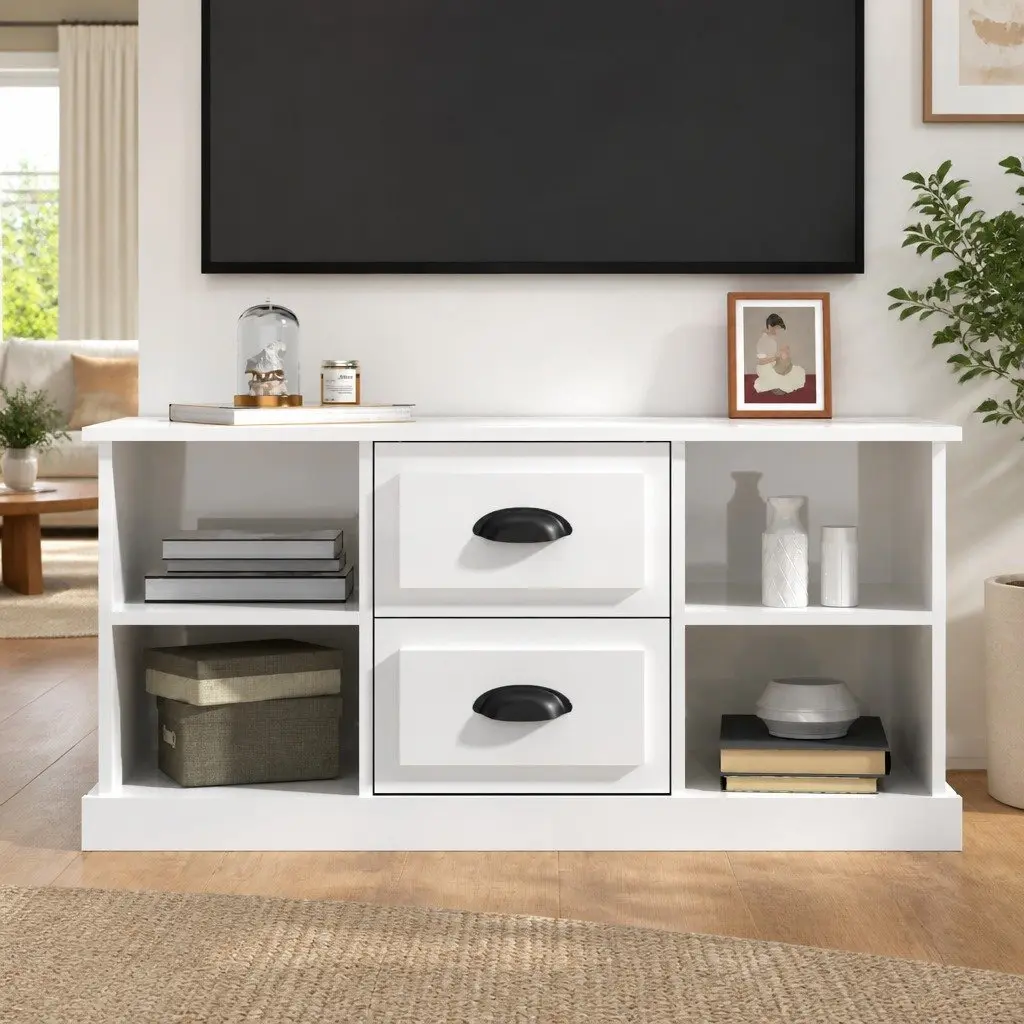 TV Cabinet High Gloss White Storage Unit with Drawers and Open Shelves