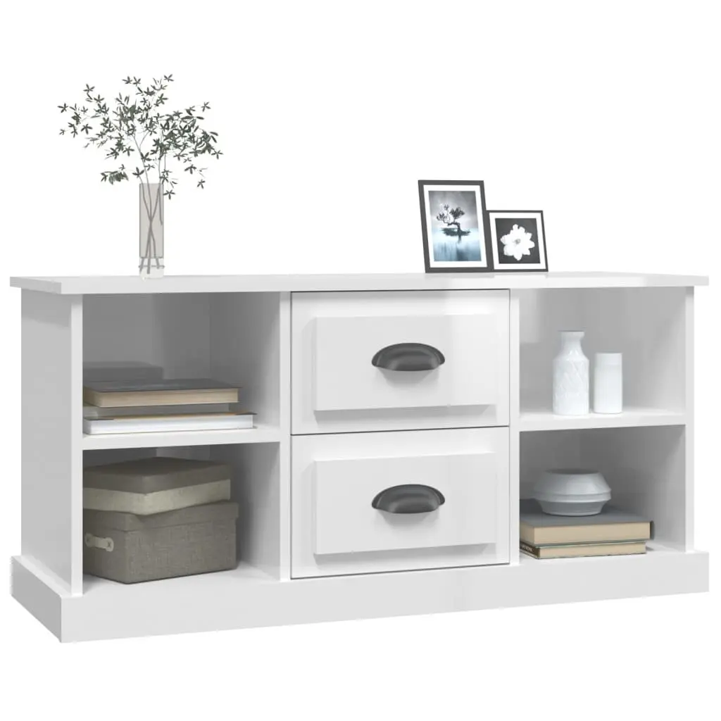 TV Cabinet High Gloss White Storage Unit with Drawers and Open Shelves