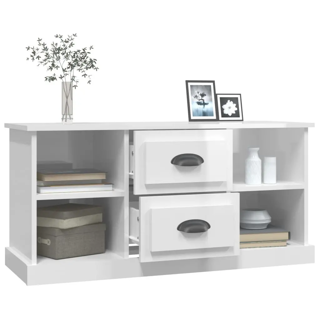 TV Cabinet High Gloss White Storage Unit with Drawers and Open Shelves
