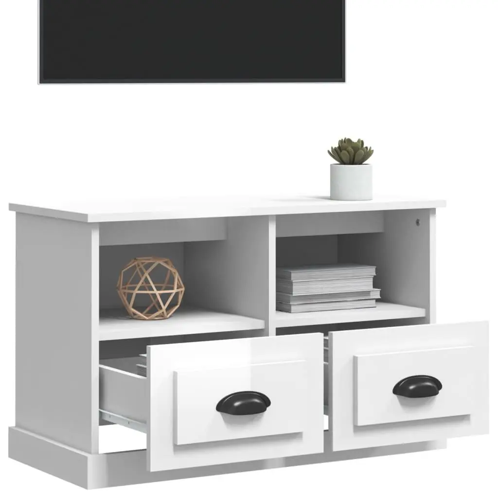 TV Cabinet White High Gloss 80x35x50cm Engineered Wood Storage Drawers