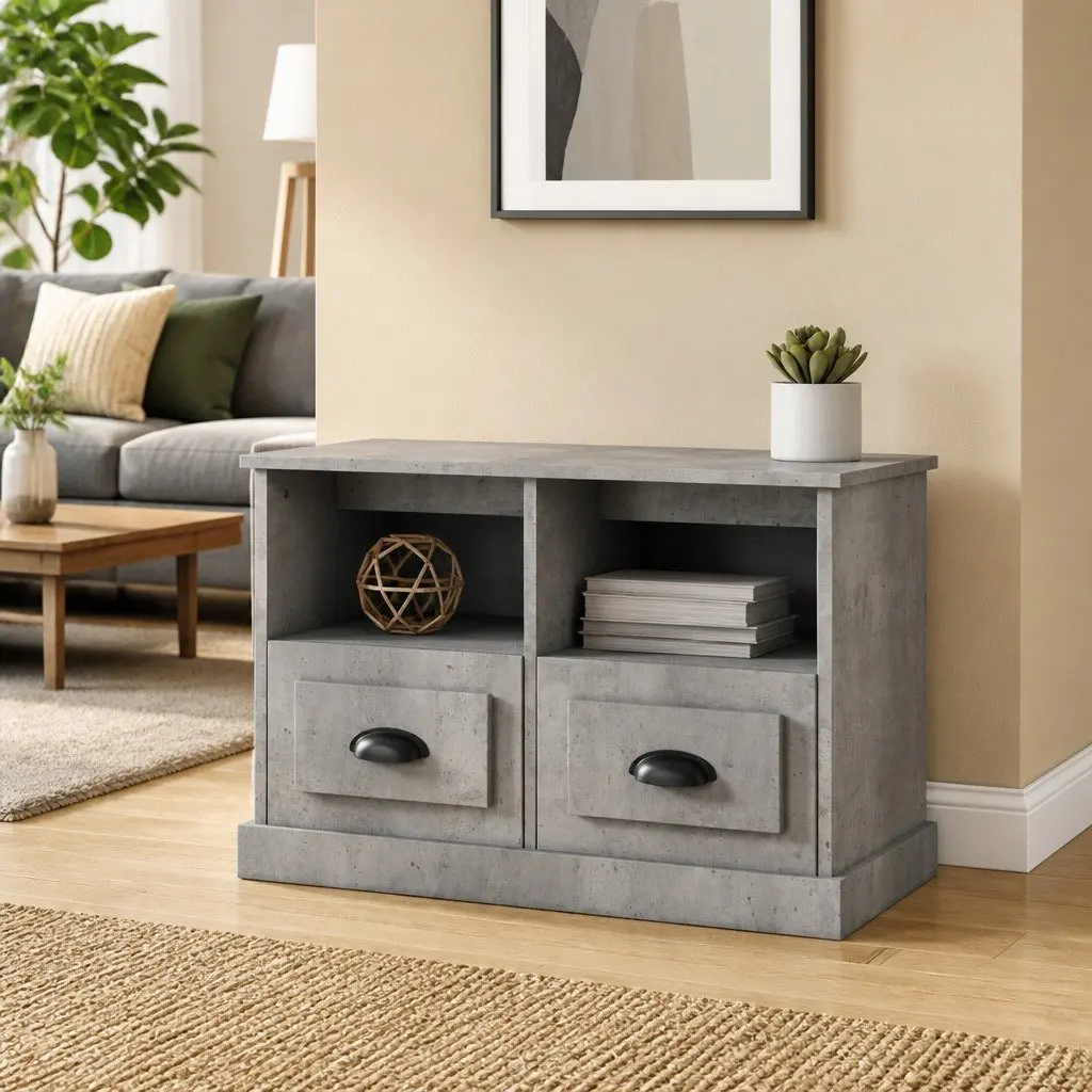 TV Cabinet Storage Unit Grey 2 Drawers 2 Open Compartments Engineered Wood
