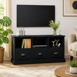 TV Cabinet Black Engineered Wood TV Unit with Drawers Storage Display Stand