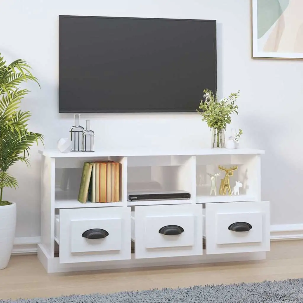 TV Cabinet White 100x35x50cm High Gloss Engineered Wood Storage Unit Drawers