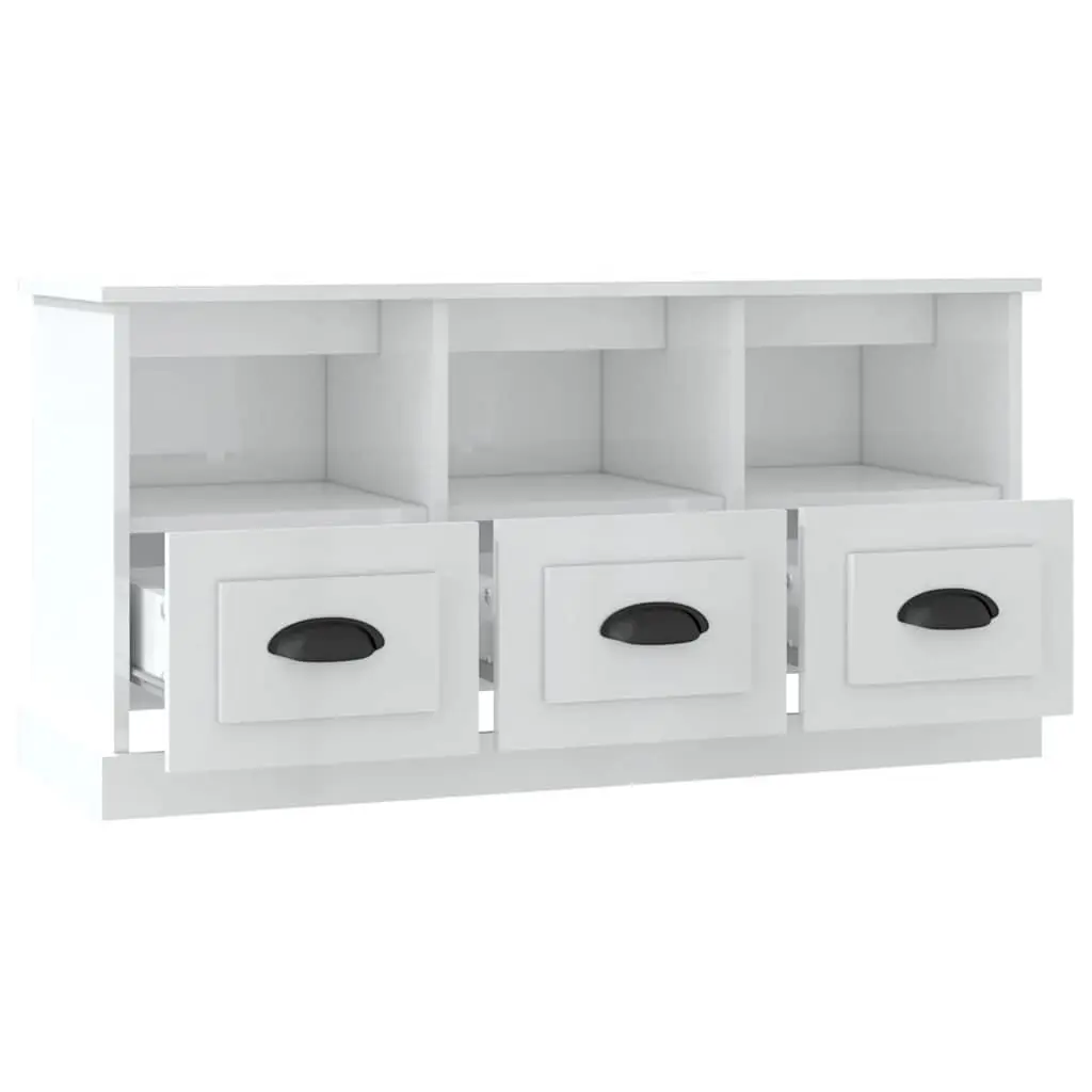 TV Cabinet White 100x35x50cm High Gloss Engineered Wood Storage Unit Drawers