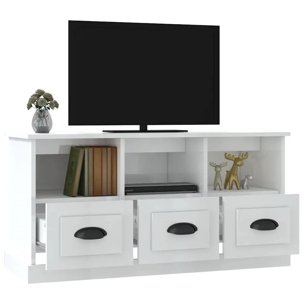 TV Cabinet White 100x35x50cm High Gloss Engineered Wood Storage Unit Drawers