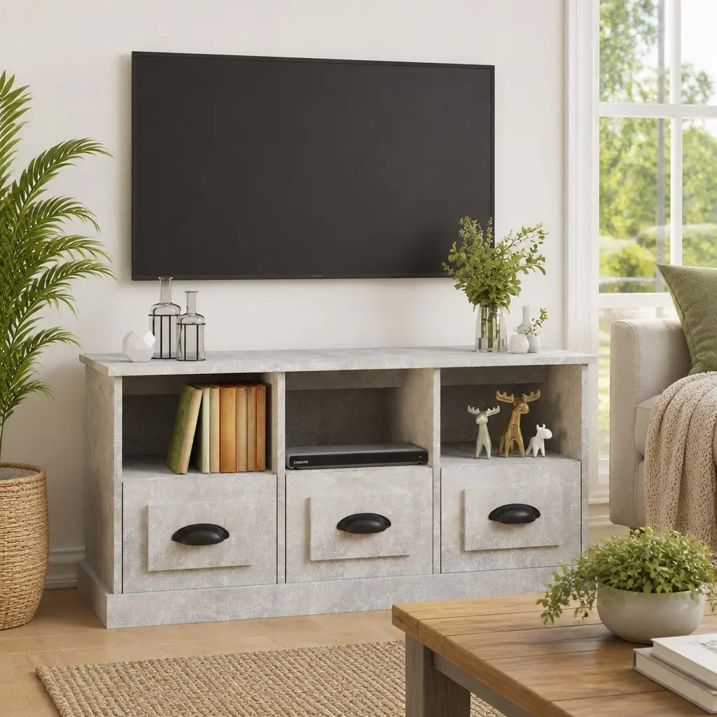 TV Cabinet Grey 100x35x50cm Engineered Wood Storage Unit 3 Drawers Open Shelves