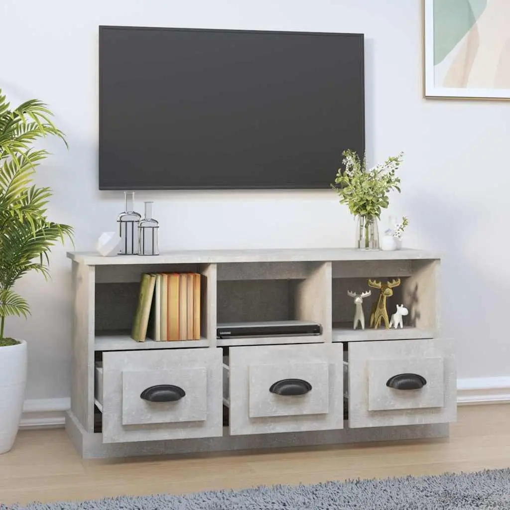 TV Cabinet Grey 100x35x50cm Engineered Wood Storage Unit 3 Drawers Open Shelves