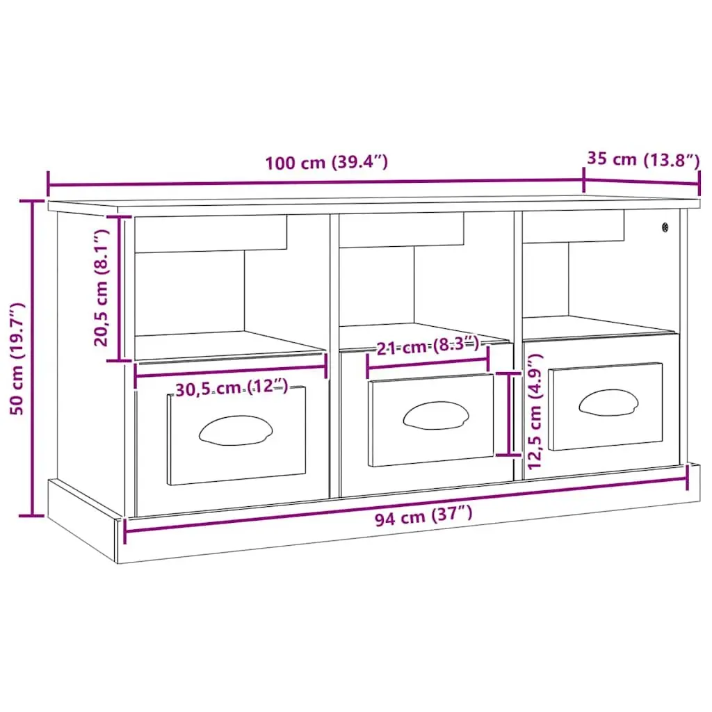 TV Cabinet Grey 100x35x50cm Engineered Wood Storage Unit 3 Drawers Open Shelves