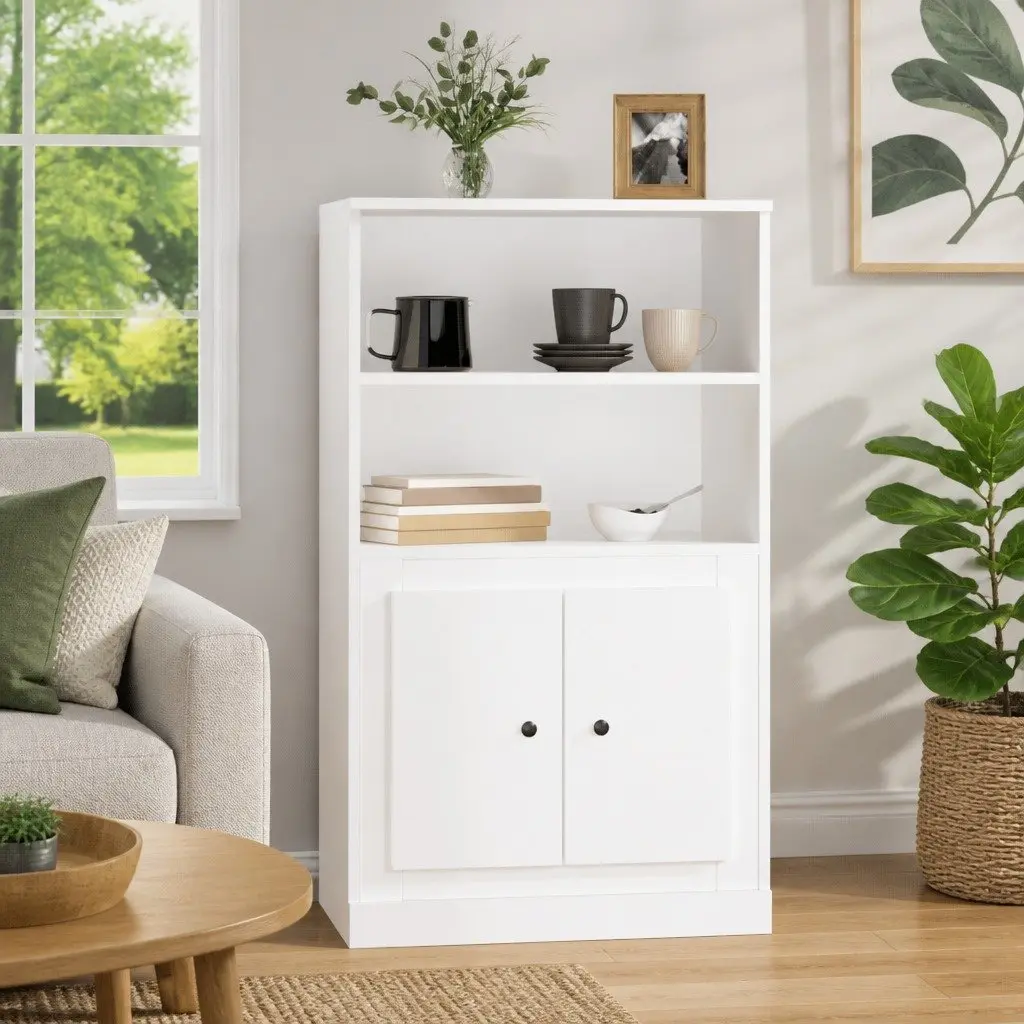 White Highboard Storage Unit with Display Surface