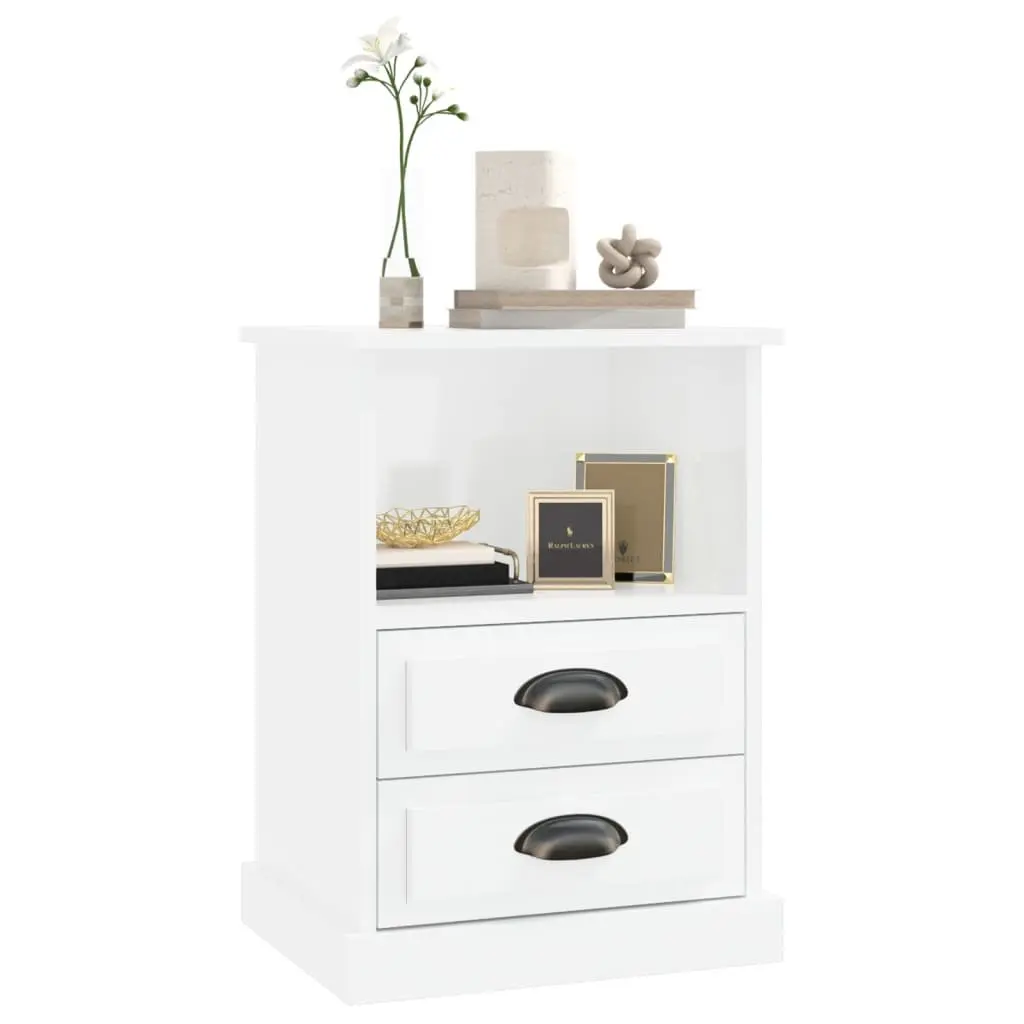 Bedside Cabinet White High Gloss 2 Drawers Open Shelf Bedroom Nightstand Storage