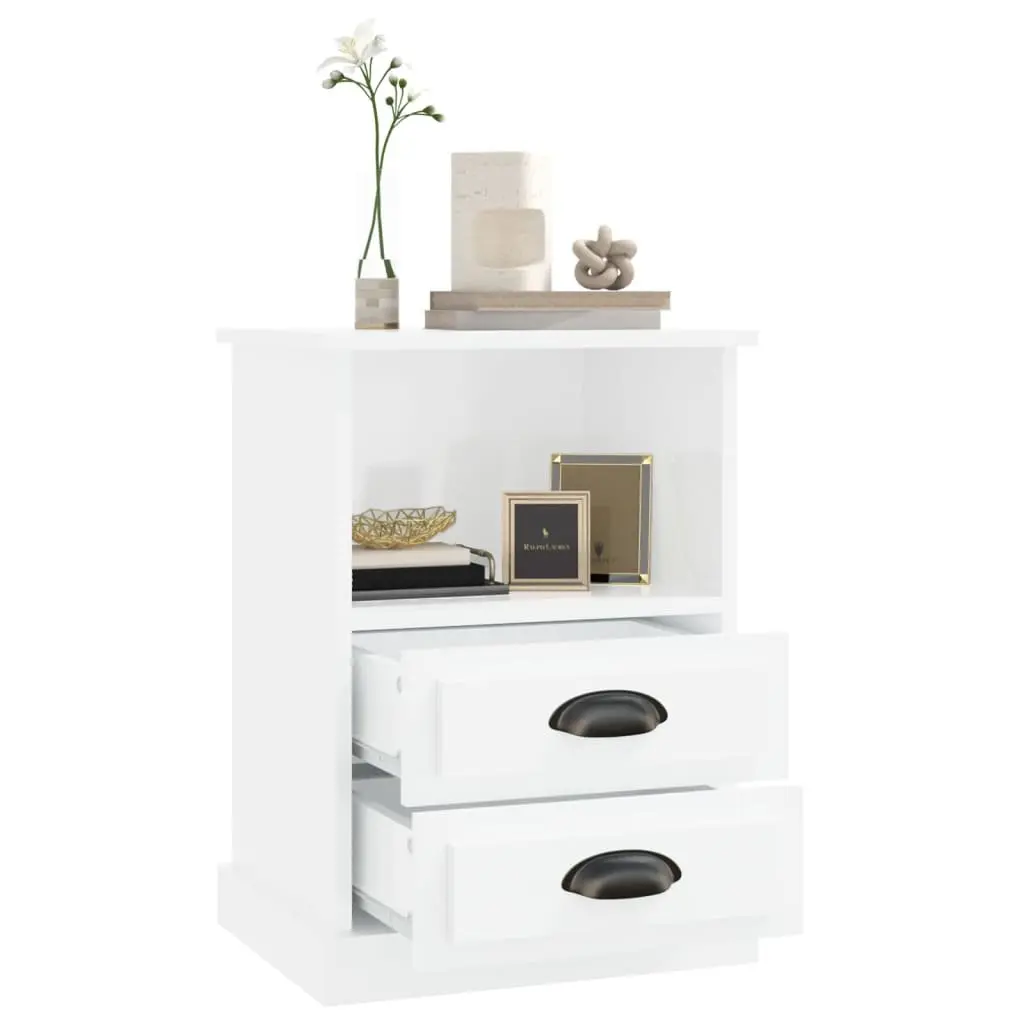 Bedside Cabinet White High Gloss 2 Drawers Open Shelf Bedroom Nightstand Storage