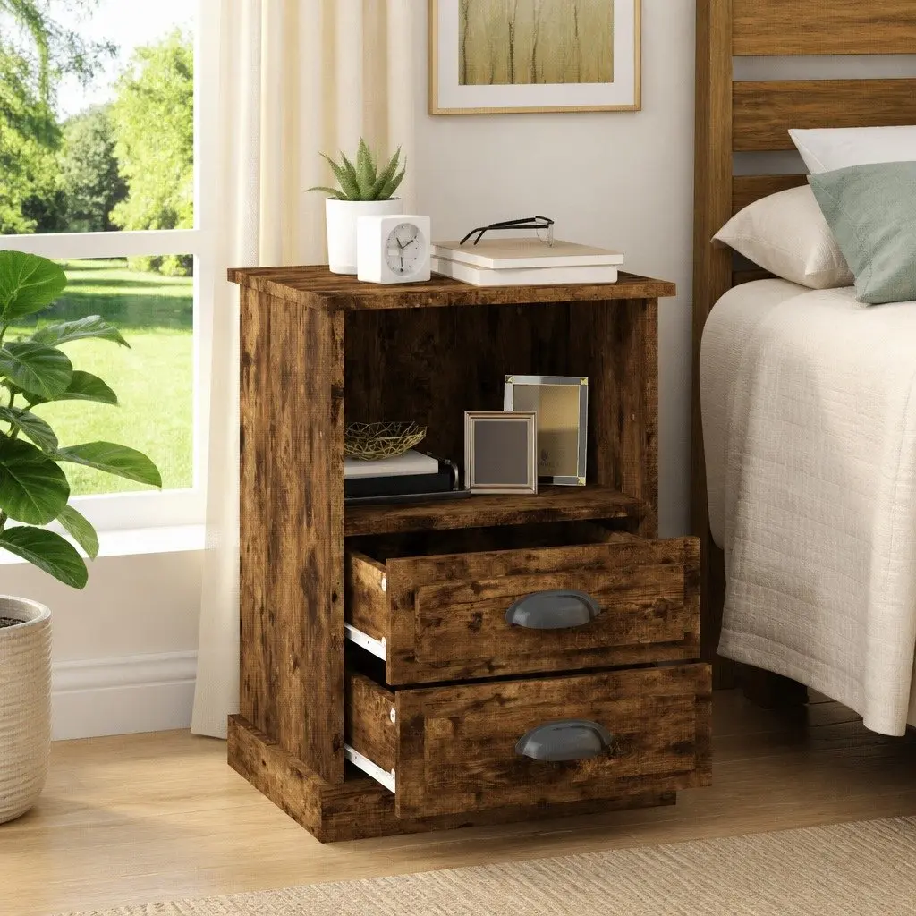 Bedside Cabinets Storage 43x36x60 cm Brown 2 Drawers Open Compartment