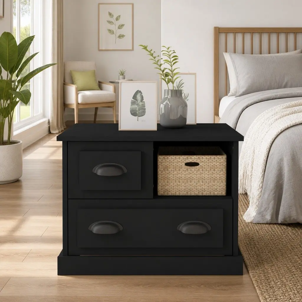Bedside Cabinet Black Nightstand Storage Drawers 60x39x45 cm