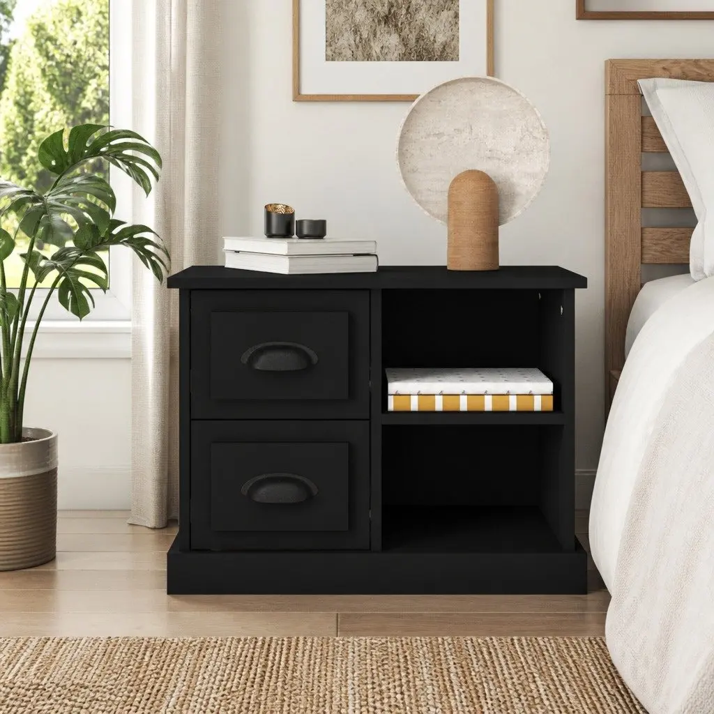 Bedside Cabinet Black Engineered Wood Nightstand Table with 2 Drawers