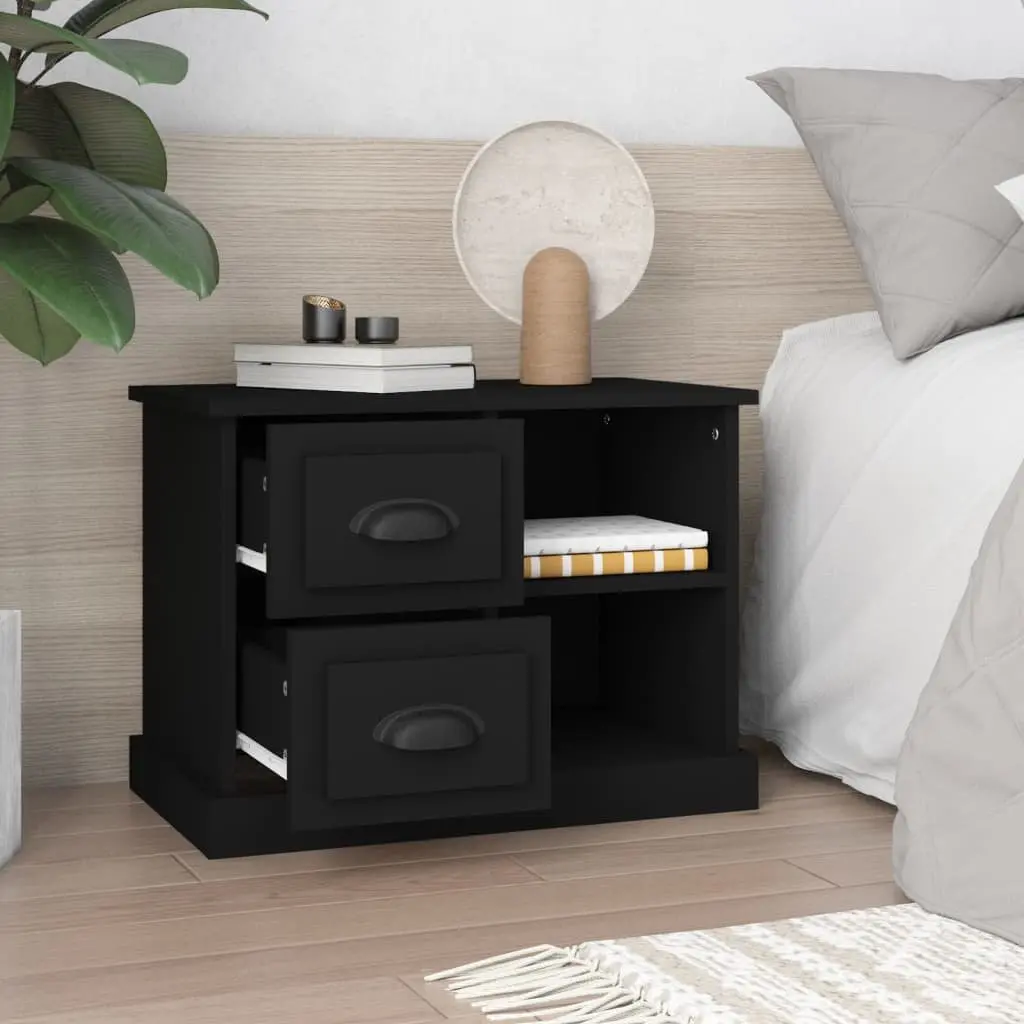 Bedside Cabinet Black Engineered Wood Nightstand Table with 2 Drawers