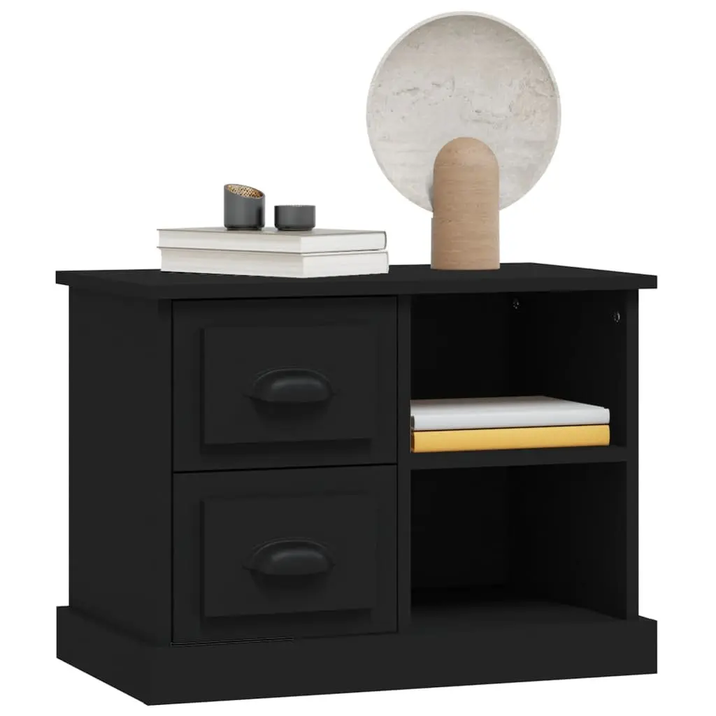 Bedside Cabinet Black Engineered Wood Nightstand Table with 2 Drawers