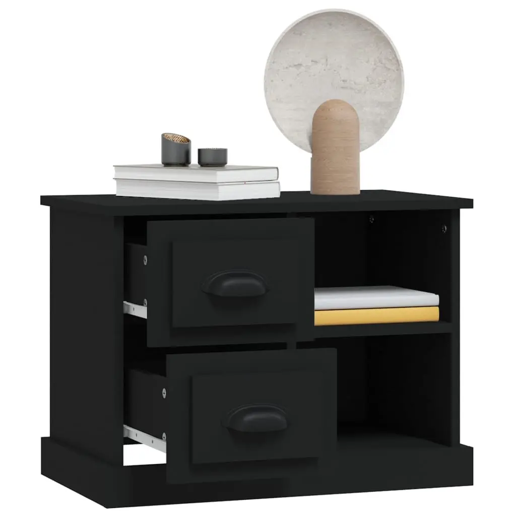 Bedside Cabinet Black Engineered Wood Nightstand Table with 2 Drawers