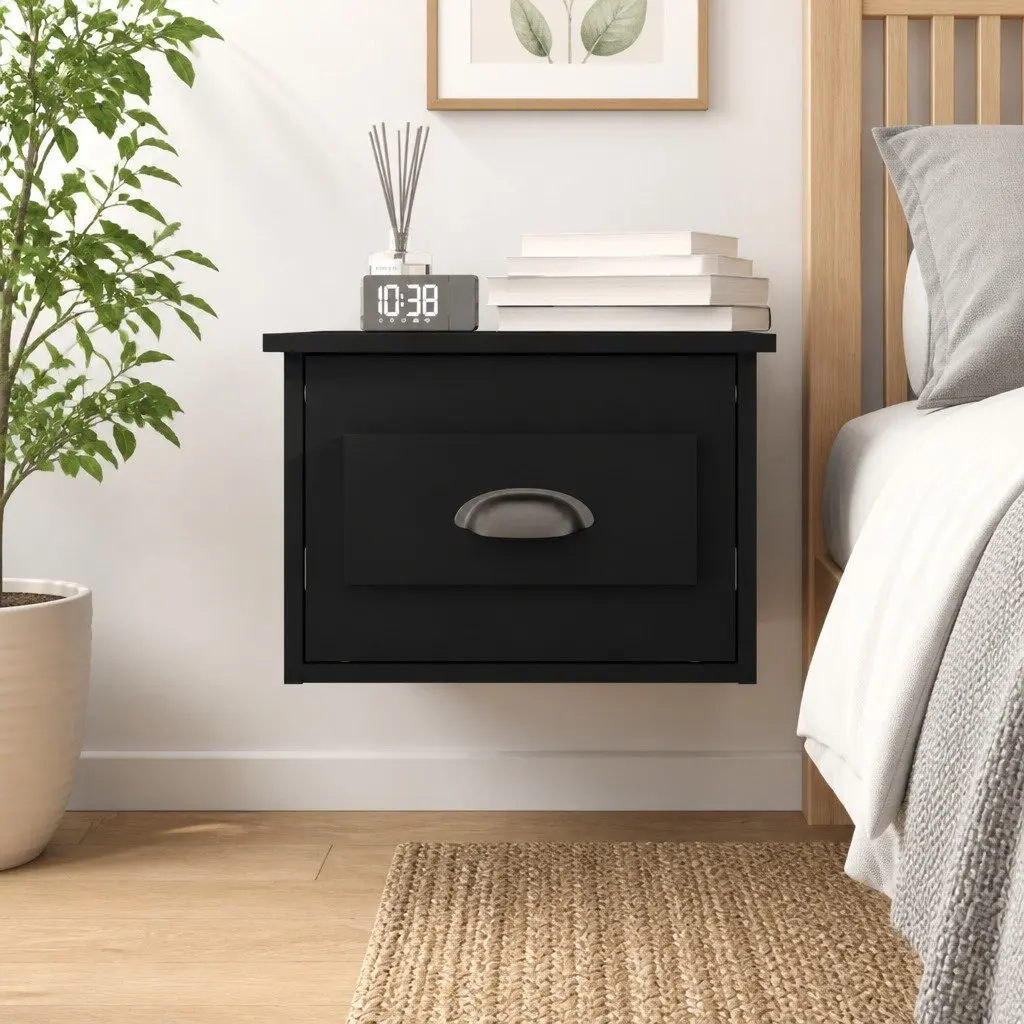 Wall-mounted Bedside Cabinet Black Floating Nightstand Drawer Storage