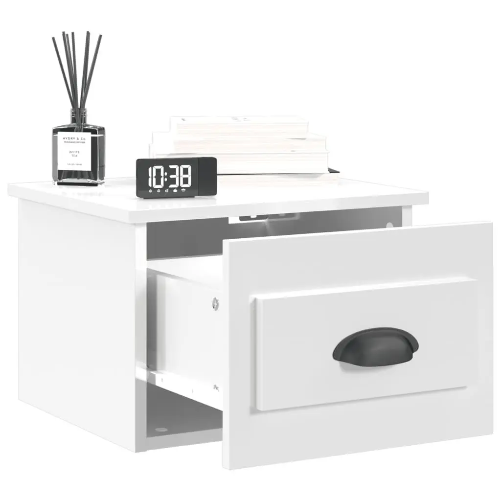 Wall-Mounted Bedside Cabinet Storage White High Gloss Floating Nightstand Drawer 41.5 x 36 x 28 cm
