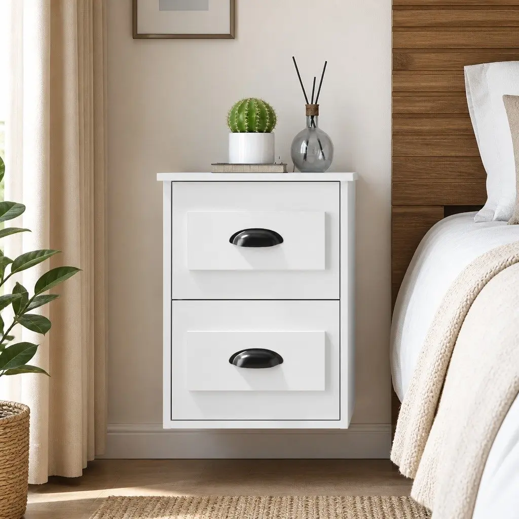 Wall-mounted Bedside Cabinet 2 Drawers White Floating Storage 41.5x36x53cm