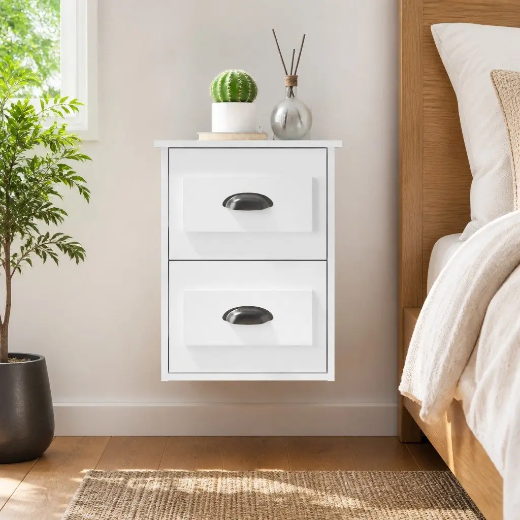 Wall-mounted Bedside Cabinet Storage Unit 2 Drawer White