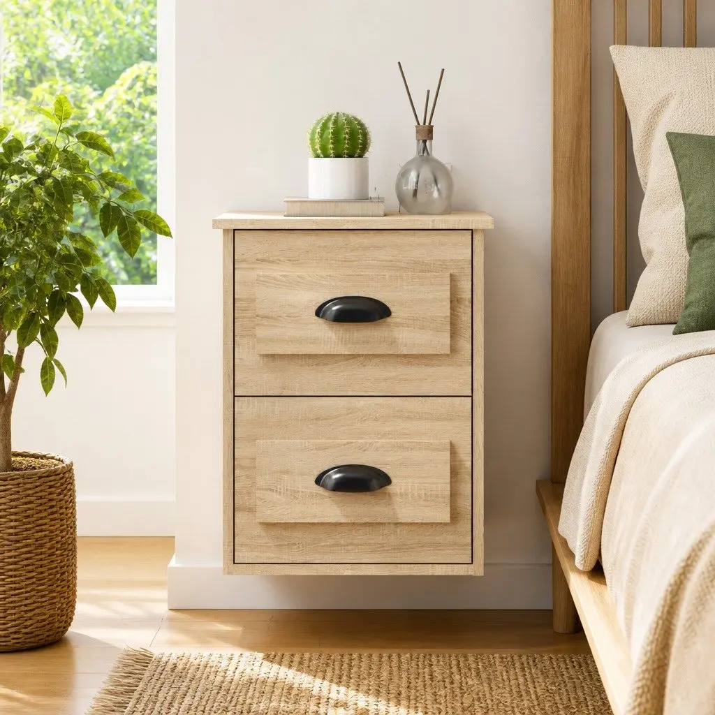 Wall-mounted Bedside Cabinet 2 Drawers Brown Floating Storage Unit