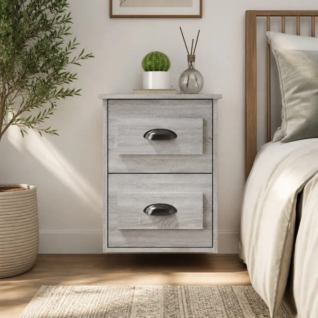 Wall-Mounted Bedside Cabinet Grey Sonoma 2 Drawers Floating Storage Unit
