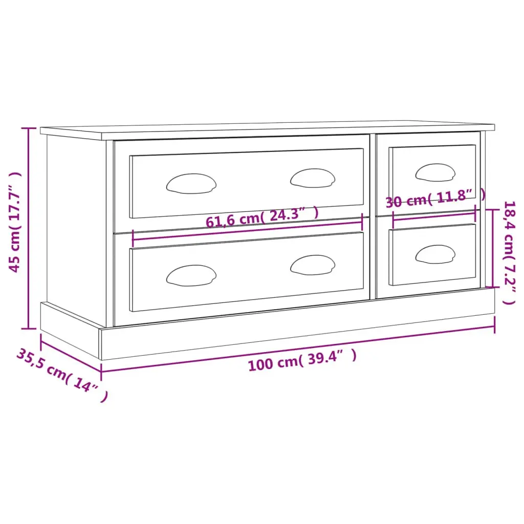 TV Cabinet Media Storage Unit 100x35.5x45cm Grey Engineered Wood 4 Drawers