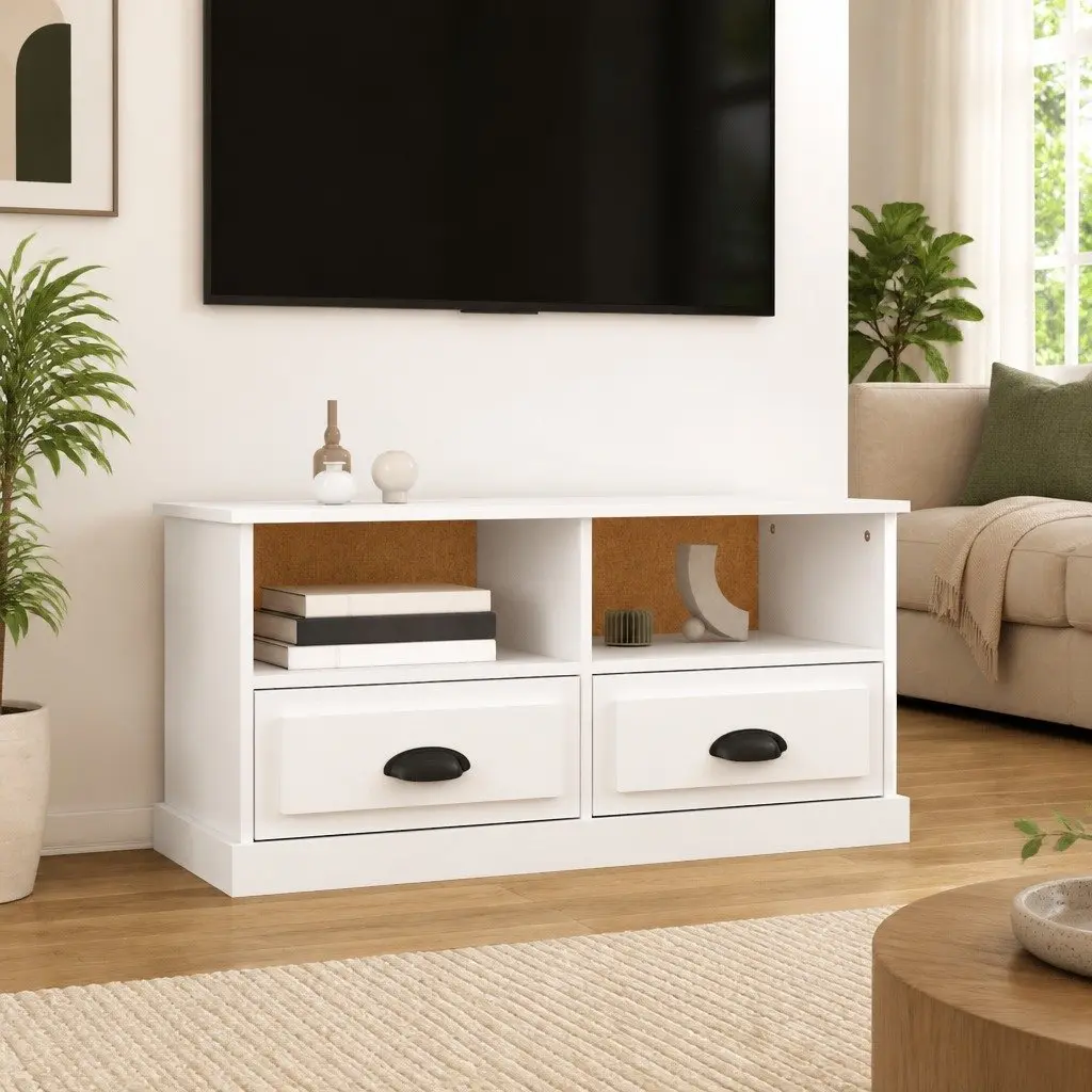 TV Cabinet White Storage Unit with Drawers and Open Compartments Living Room