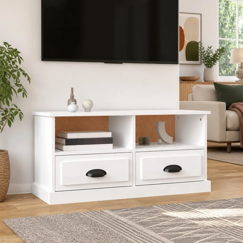 TV Cabinet Storage Unit White High Gloss Engineered Wood 2 Drawers 2 Compartments