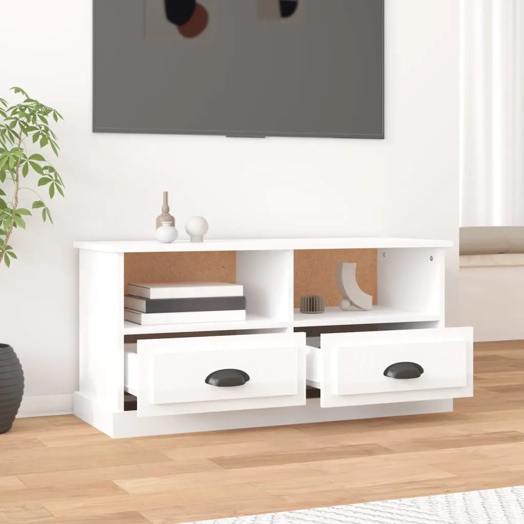 TV Cabinet Storage Unit White High Gloss Engineered Wood 2 Drawers 2 Compartments