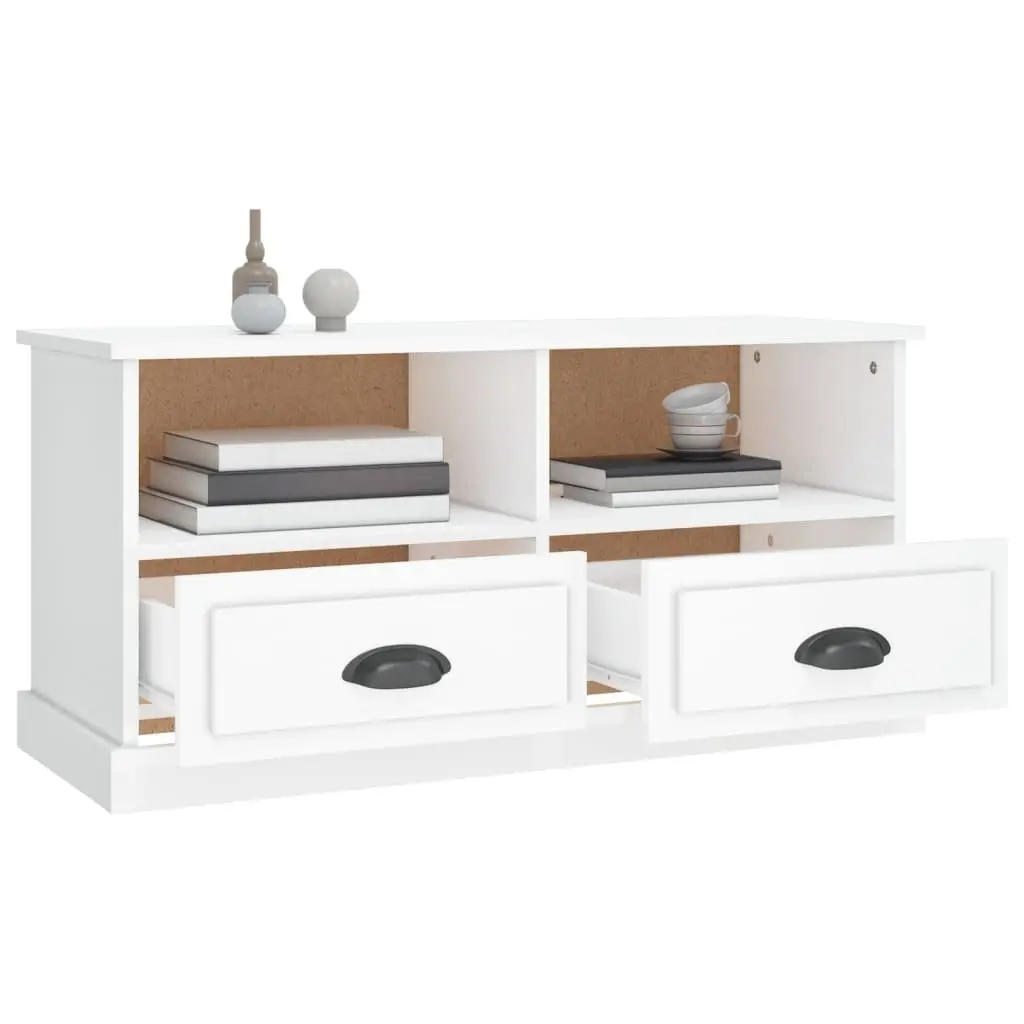 TV Cabinet Storage Unit White High Gloss Engineered Wood 2 Drawers 2 Compartments