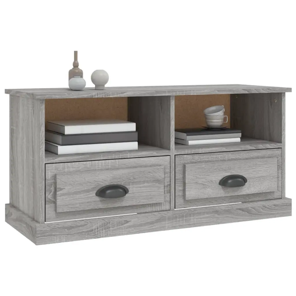 TV Cabinet Grey Sonoma Wood Storage Unit with Drawers Open Compartments Display