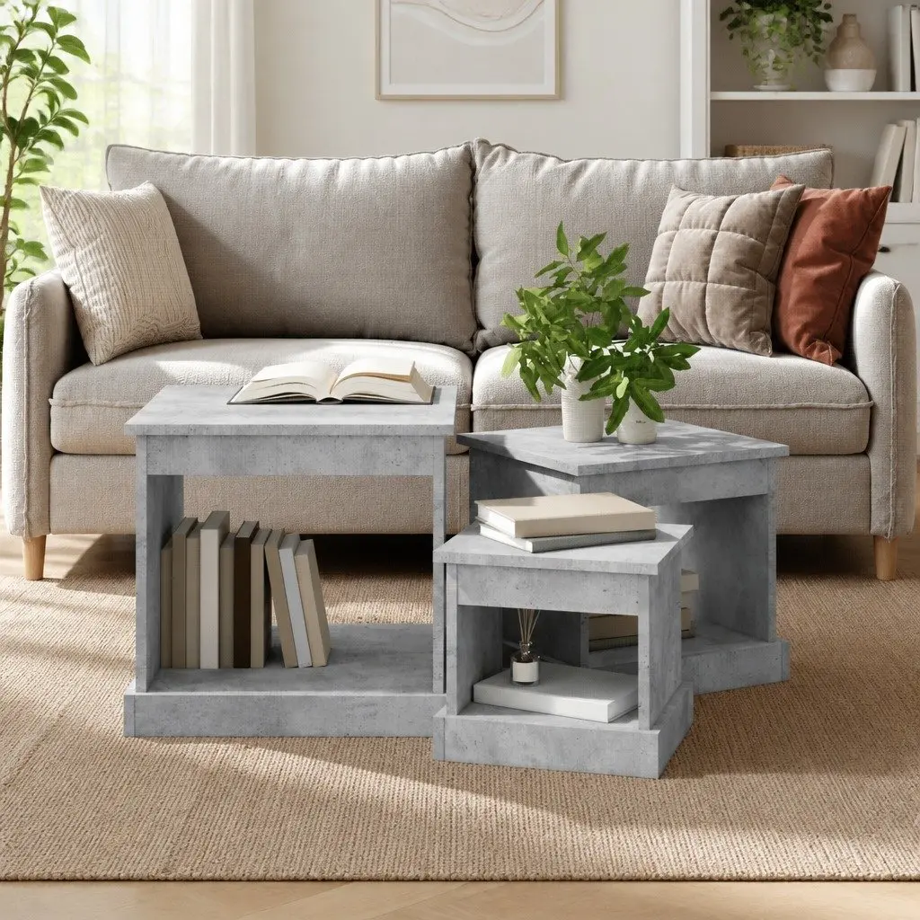 Coffee Table Set 3 Piece Grey Engineered Wood Living Room Accent Nesting Tables