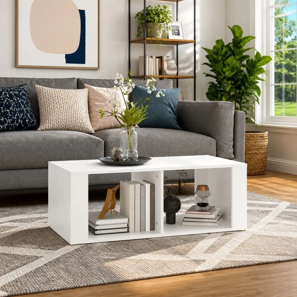Coffee Table Modern Storage 100x50x36cm White Engineered Wood Side Accent Table