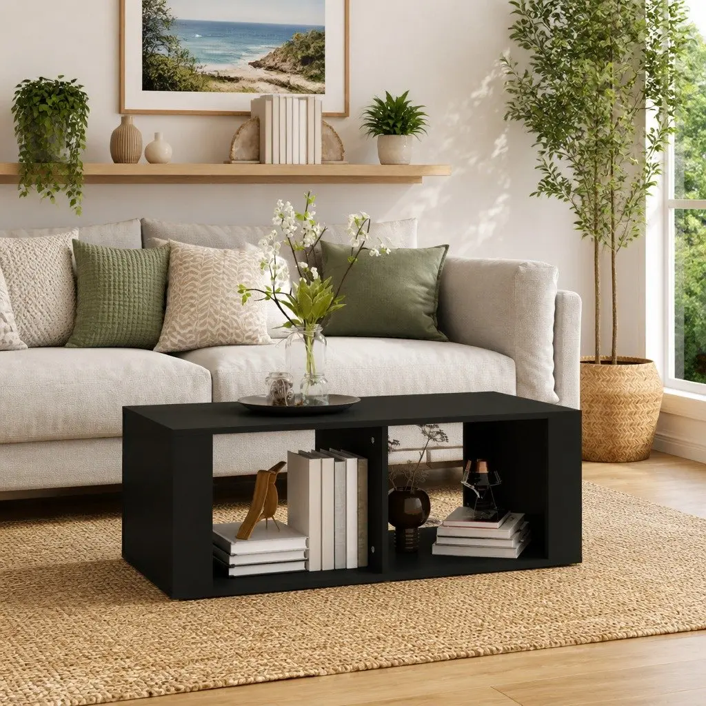 Coffee Table Black Modern Storage 2 Shelves Living Room Accent Table