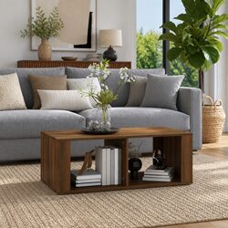 Practical Brown Oak Coffee Table with Two Storage Levels