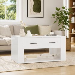 Coffee Table High Gloss White with 2 Drawers Storage Living Room Accent