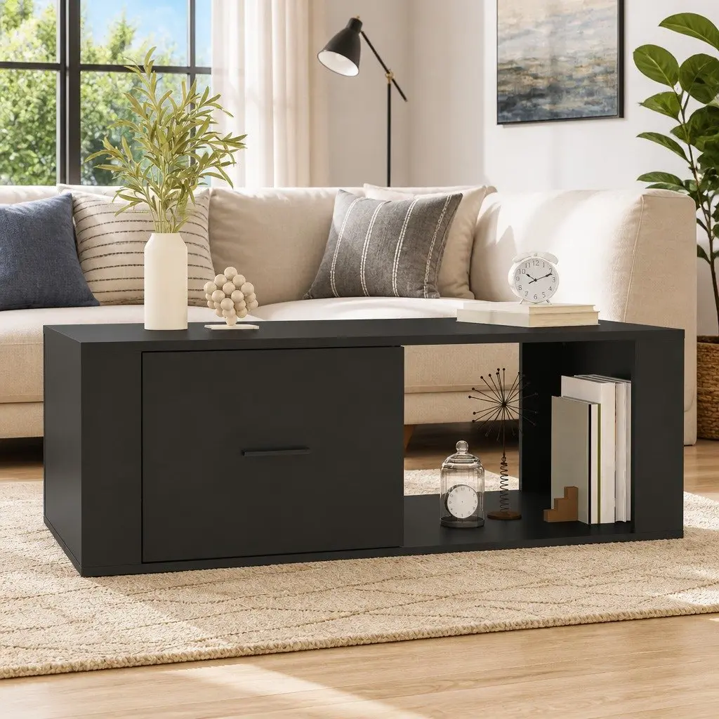 Coffee Table Storage Drawer Open Compartment Living Room Black 100 x 50.5 x 35 cm