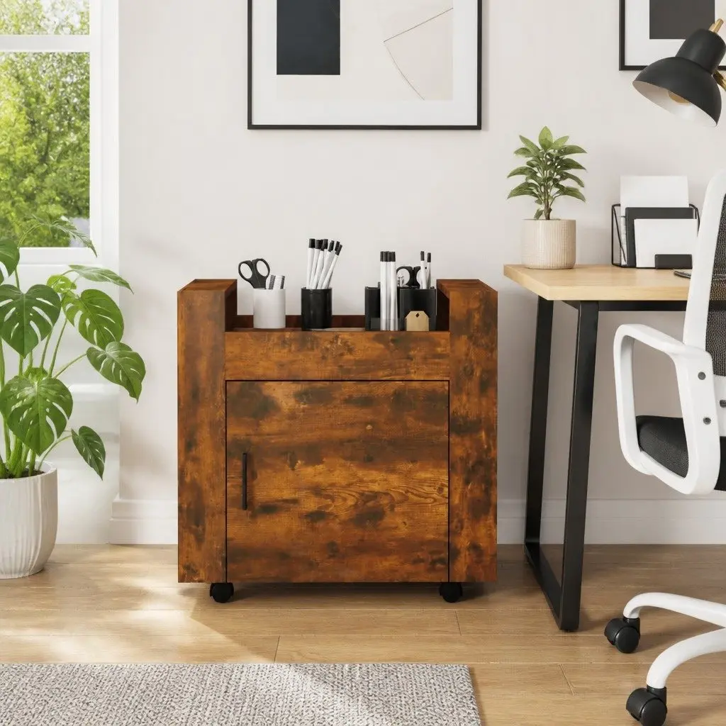 Desk Trolley with Door and Casters Brown Engineered Wood Office Storage Unit
