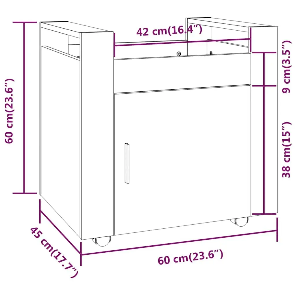 Desk Trolley Office Storage Unit Enclosed Brown Engineered Wood 60W x 45D x 60H cm