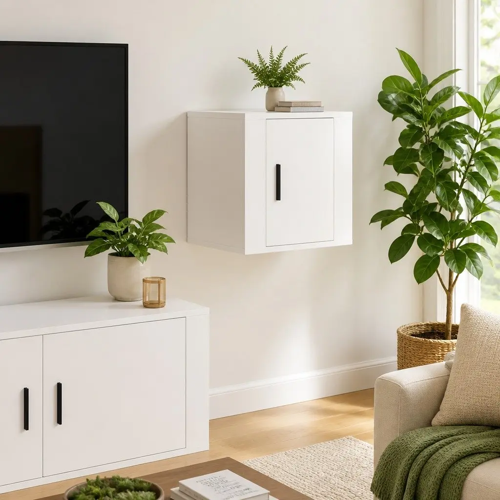 Floating Media Storage Unit White Wall Mounted TV Cabinet 40x34.5x40cm